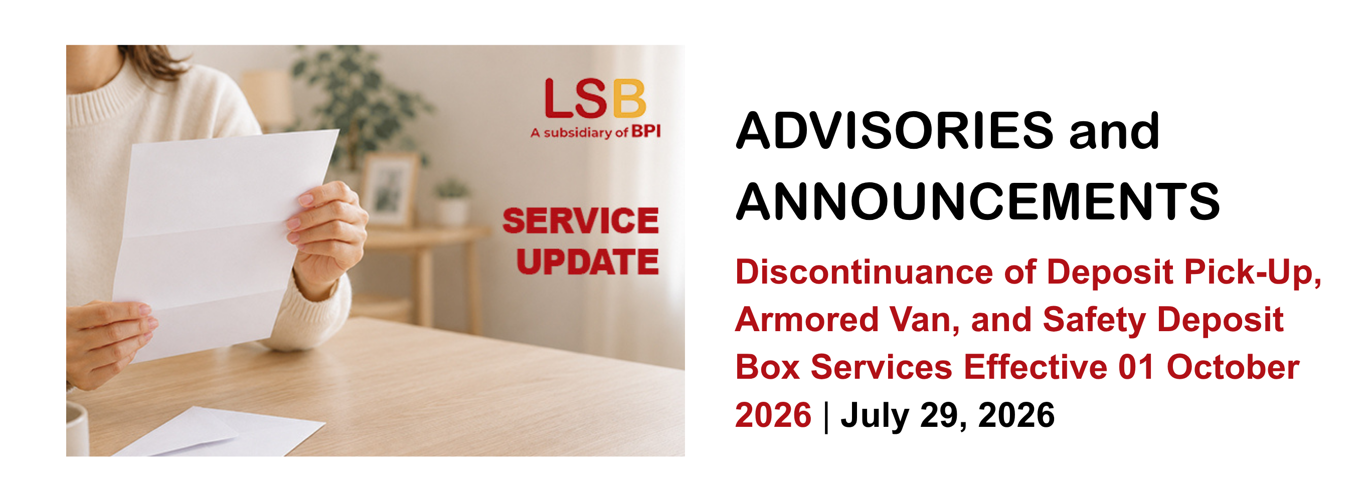 Discontinuance of Deposit Pick-Up, Armored Van, and Safety Deposit Box Services Effective 01 October 2026