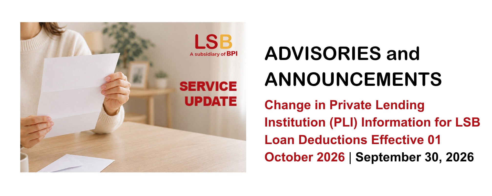 Change in Private Lending Institution (PLI) Information for LSB Loan Deductions Effective 01 October 2026