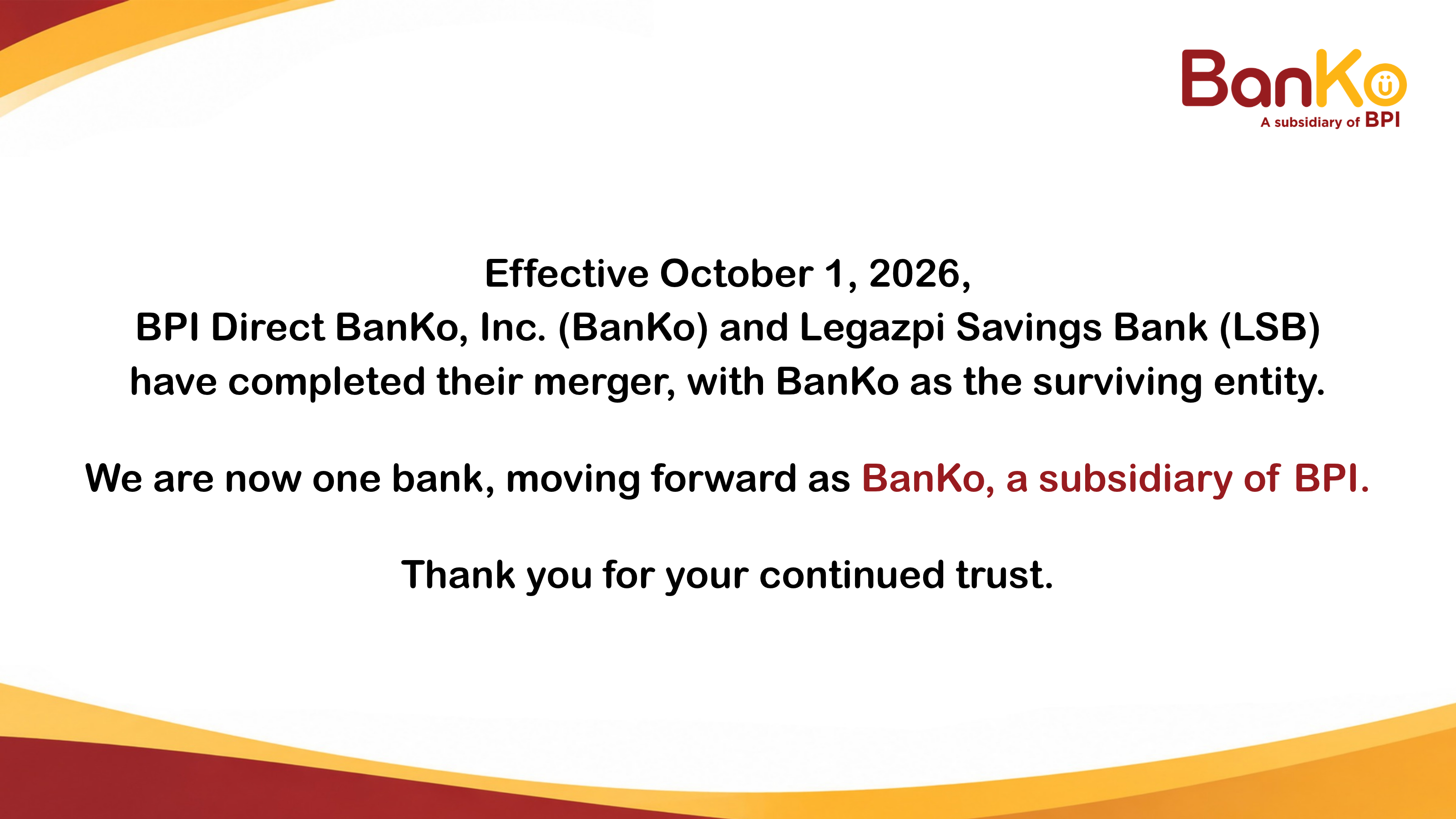 BPI Direct BanKo (BanKo), Inc. and Legazpi Savings Bank, Inc. (LSB) merger completed