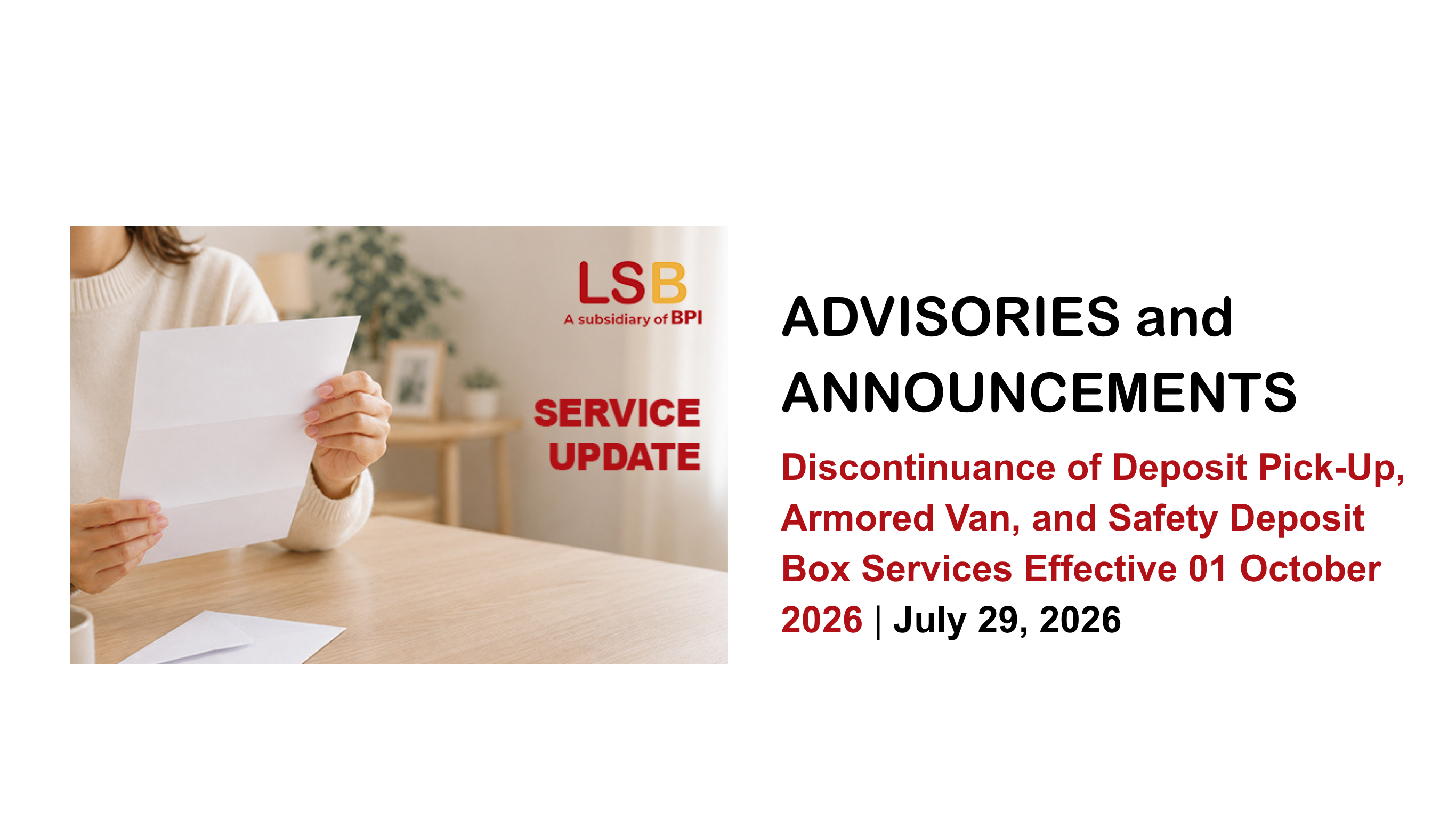 Discontinuance of Deposit Pick-Up, Armored Van, and Safety Deposit Box Services Effective 01 October 2026