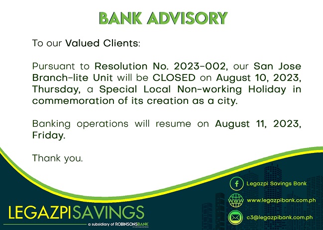 Legazpi Savings Bank Advisory