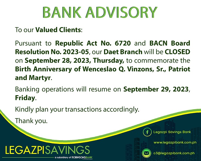 Legazpi Savings Bank Advisory