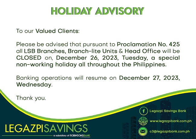 Legazpi Savings Bank Advisory